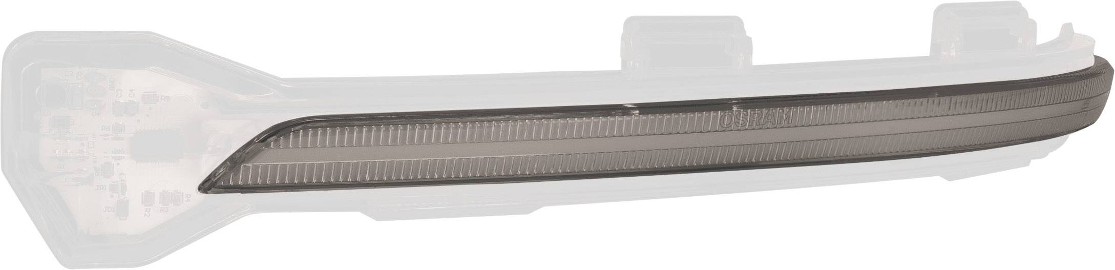 'Tylna lampa pojazdu o nowoczesnym designie, w poziomym ułożeniu i ciemno przyciemniona.'