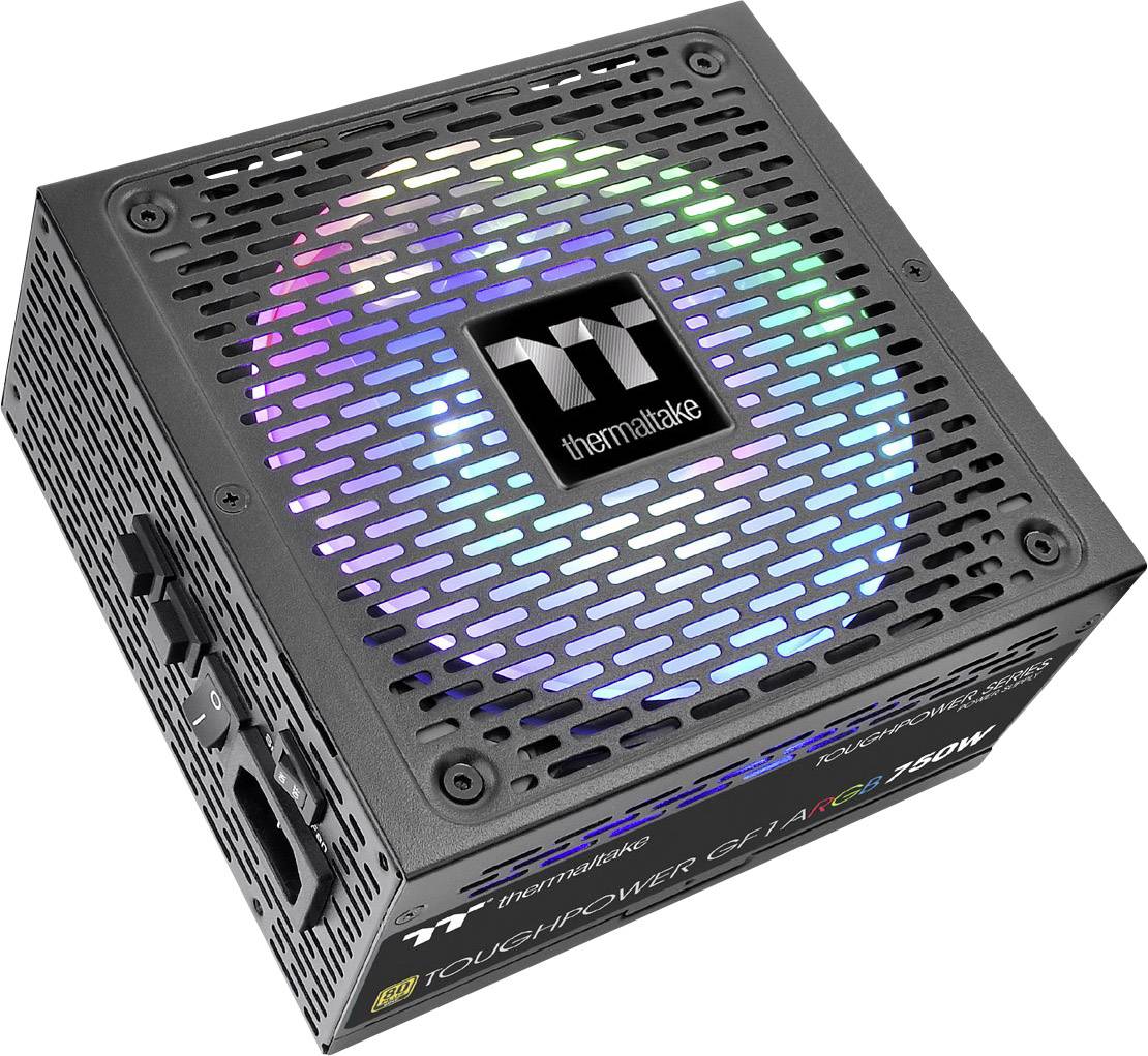 Zasilacz Thermaltake o mocy 750 W z podświetlanym wentylatorem i logo z boku.