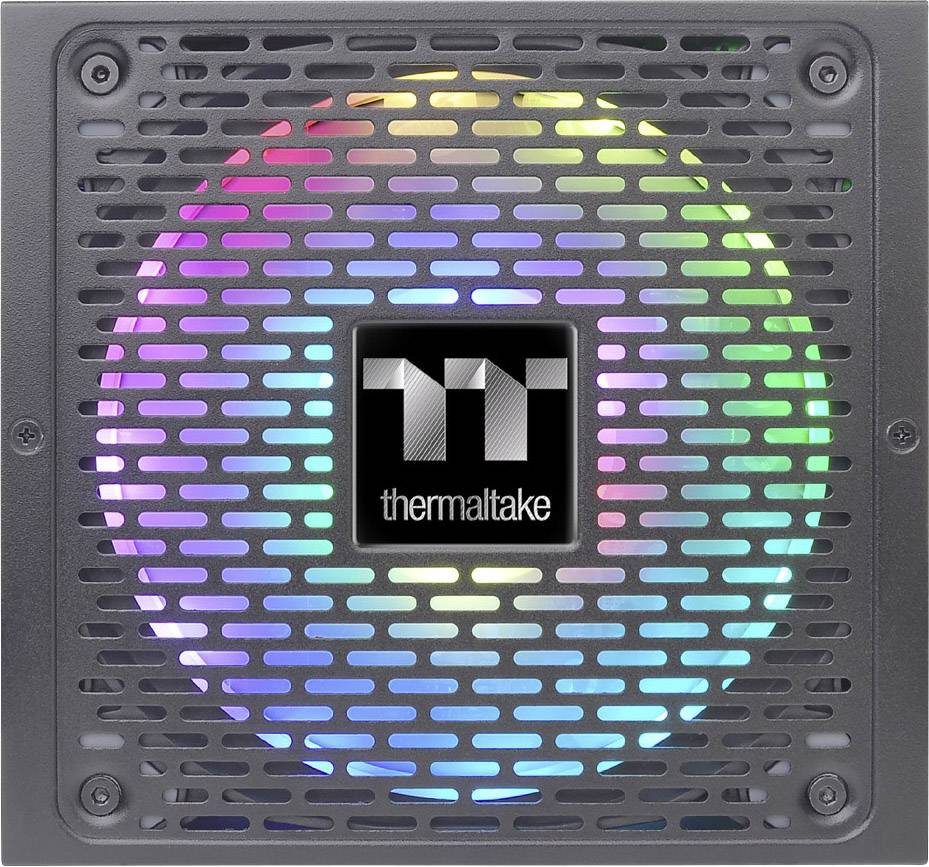 Kwadratowy zasilacz komputerowy firmy Thermaltake z podświetlanym wentylatorem, wyświetlający tęczowe światła LED.