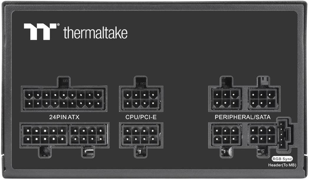 Złącza z tyłu zasilacza Thermaltake: 24-pinowe ATX, CPU/PCI-E, urządzenia peryferyjne/SATA.