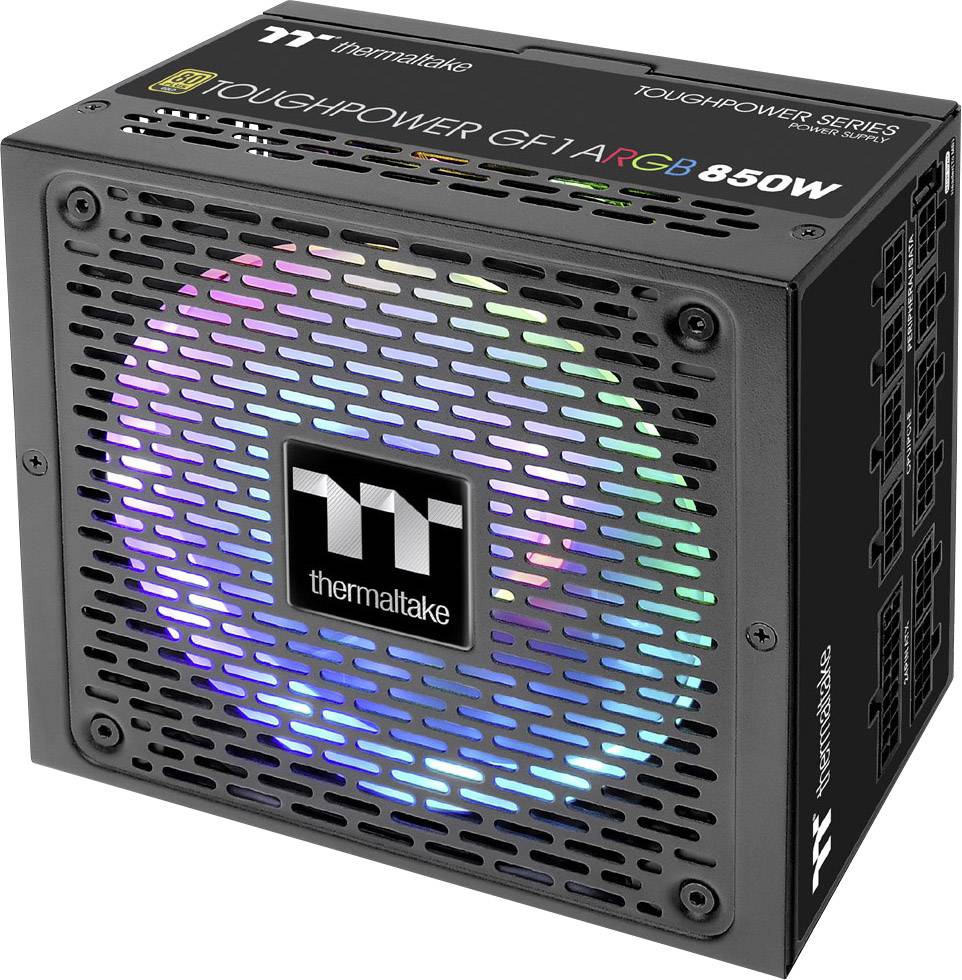 Zasilacz Thermaltake z wentylatorem podświetlonym RGB, model 'Toughpower GF1 ARGB 850W', na czarnej obudowie.