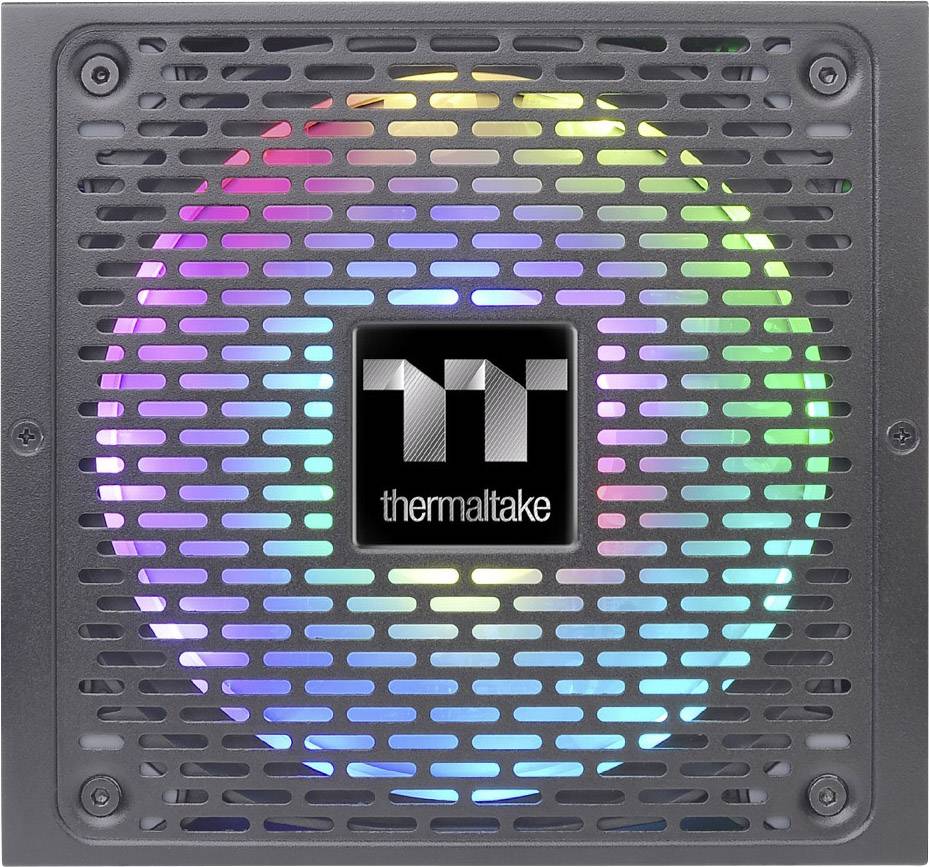 Wentylator zasilacza Thermaltake z podświetleniem RGB w różnych kolorach.