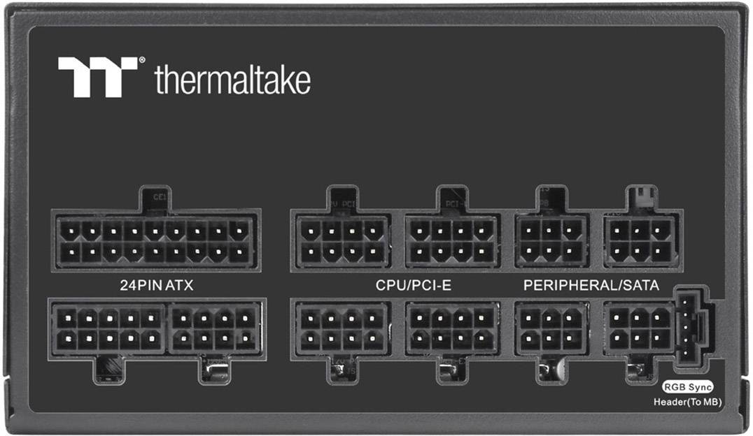 Złącza zasilania: 24-pinowe ATX, CPU/PCI-E, PERIPHERAL/SATA, Złącze synchronizacji RGB (do płyty głównej). Logo Thermaltake w lewym górnym rogu.