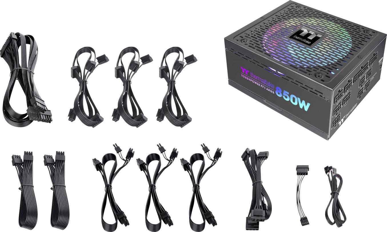 Zasilacz komputerowy z podświetleniem RGB; model o mocy '650W'. Na zdjęciu przedstawiono różne wiązki przewodów do podłączenia komponentów.