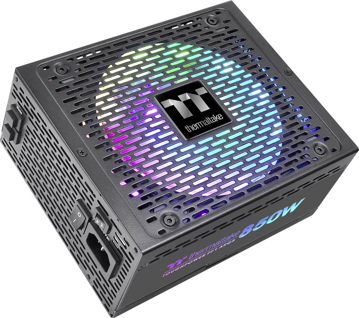 Zasilacz komputerowy z podświetlanym wentylatorem, czarną obudową i napisem 'Thermaltake 850W' na boku.