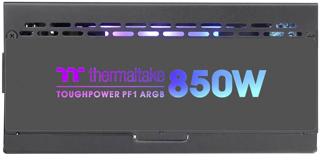 Zasilacz Thermaltake Toughpower PF1 ARGB, 850 Wat, szary design z podświetlanym logo i oznaczeniem.
