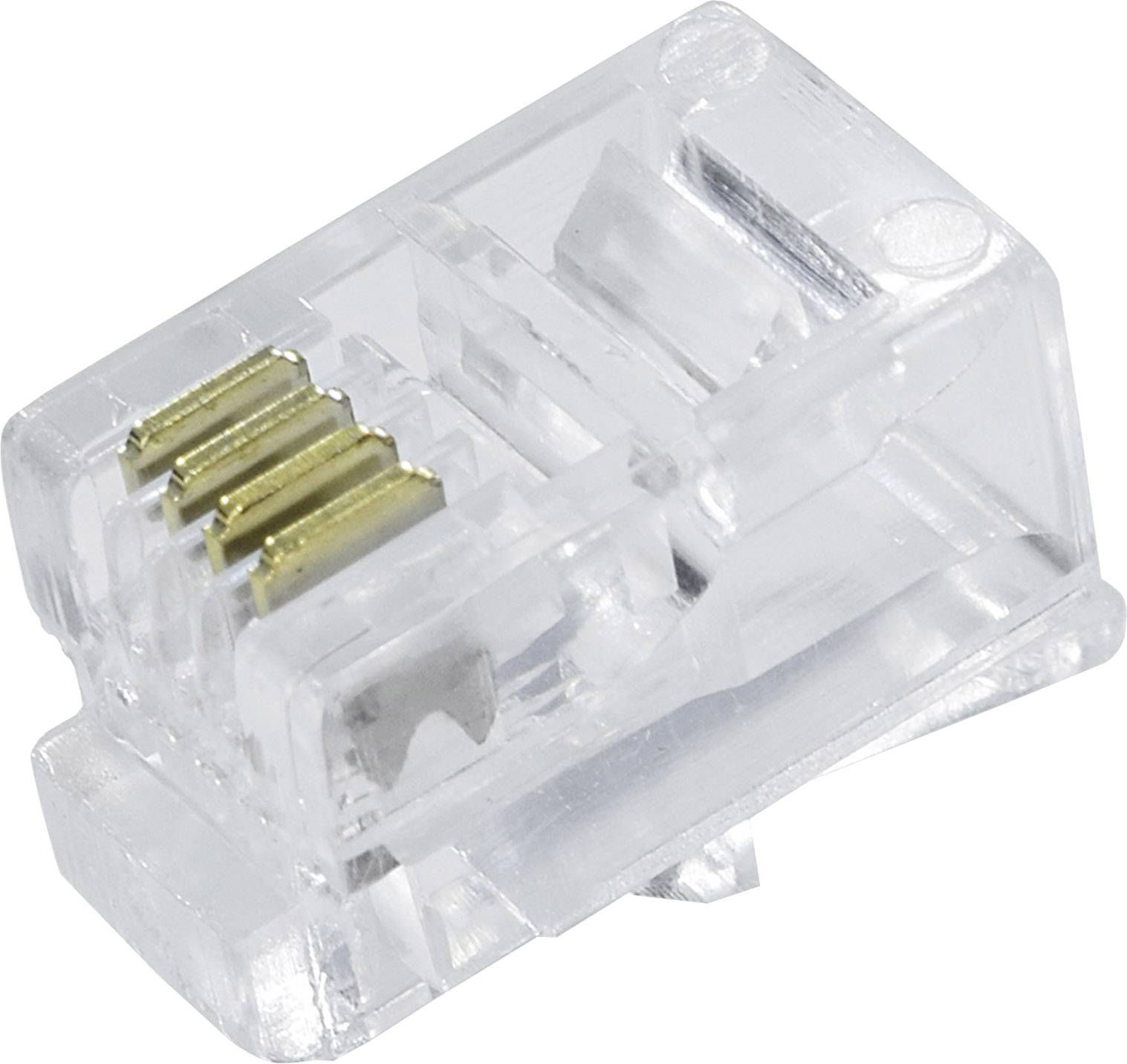 Zbliżenie przezroczystego wtyku RJ-45 ze złotymi stykami, stosowanego w połączeniach sieciowych Ethernet.