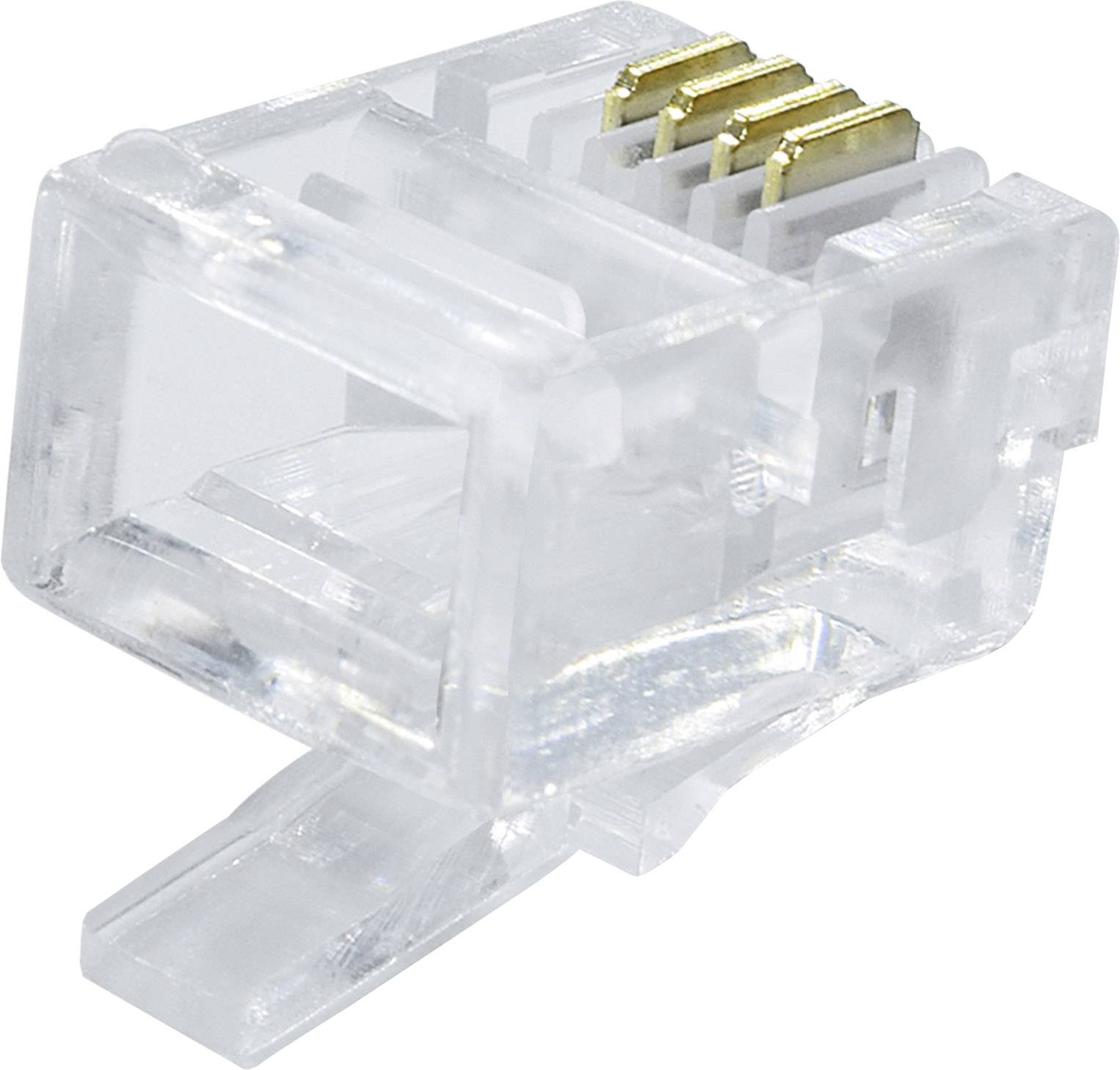 Przezroczysty wtyk RJ45 ze złoconymi stykami, używany w okablowaniu sieciowym do łączenia kabli Ethernet.