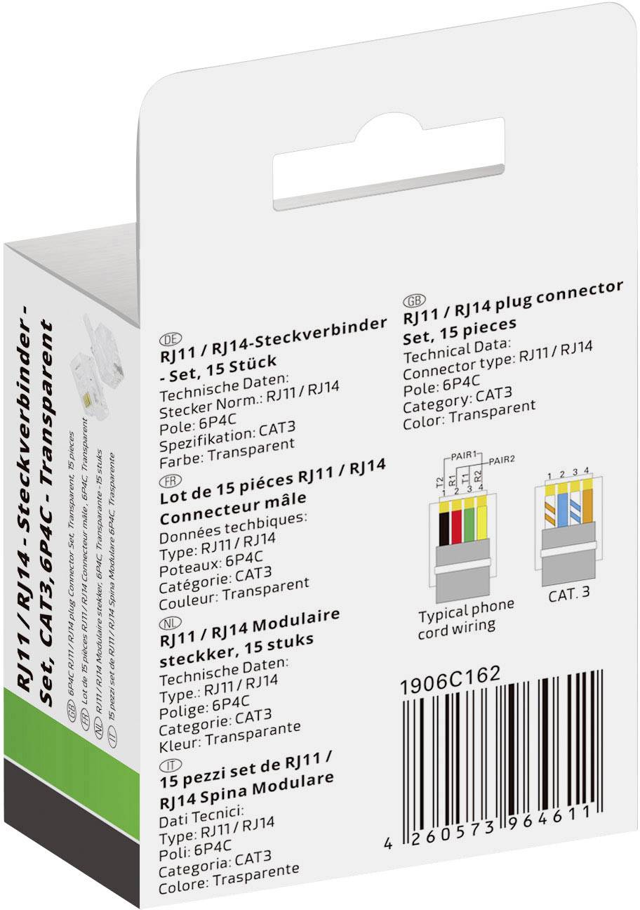 Zestaw złączy RJ11/RJ14, 15 sztuk, CAT3, przezroczysty. Opakowanie z diagramem rozmieszczenia przewodów.