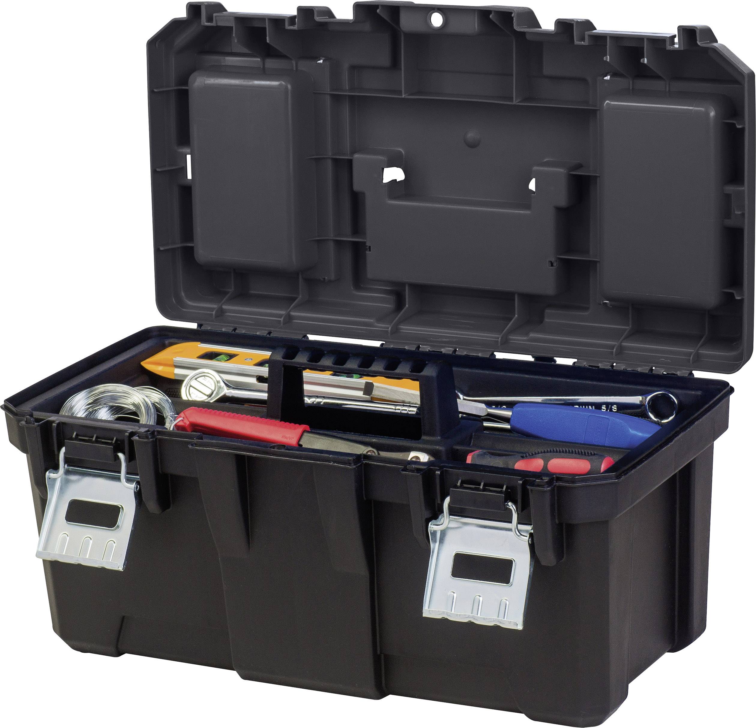 Otwarta skrzynka narzędziowa z różnymi narzędziami, w tym śrubokrętem, szczypcami i miarką.