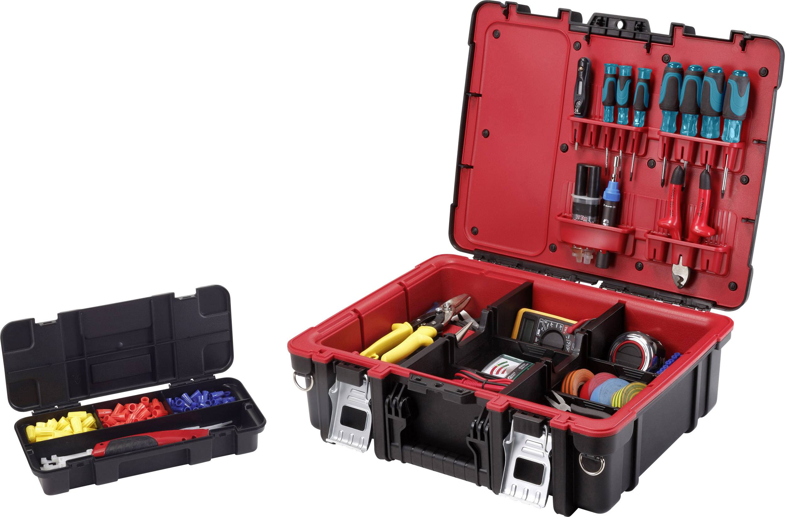 Duży, otwarty kufer na narzędzia z przegródkami, zawierający różne narzędzia takie jak śrubokręty, taśma klejąca i szczypce. Obok mniejsza walizka z śrubami i drobnymi elementami.