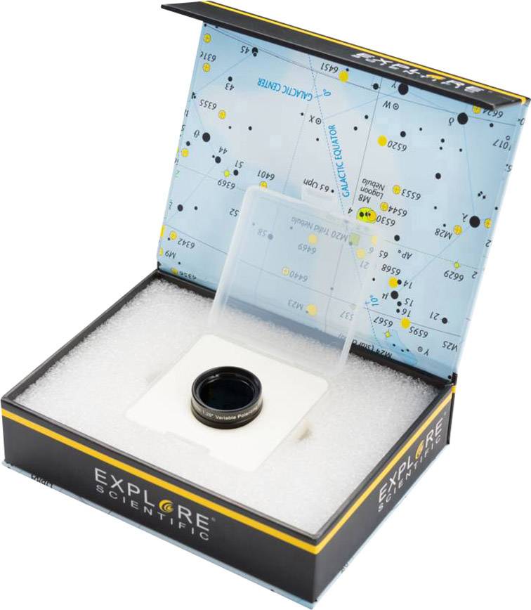 Filtr teleskopowy firmy Explore Scientific leży w otwartym pudełku na gąbce. Pokrywa przedstawia wzór gwiazd.