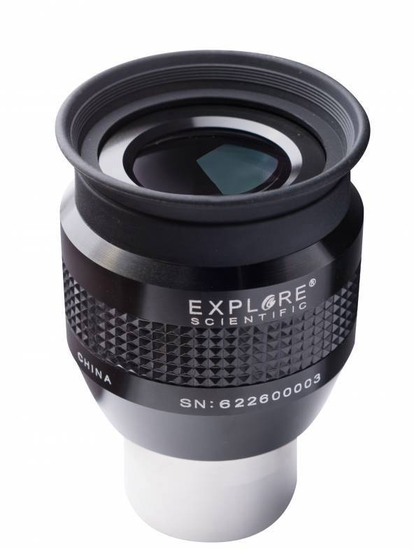 Czarne okular teleskopowy firmy Explore Scientific o numerze seryjnym 622600003. Posiada ryflowaną powierzchnię i soczewkę.