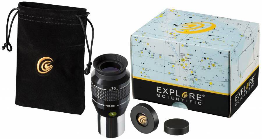 Okular marki Explore Scientific, o ogniskowej 15 mm, z etui ochronnym i opakowaniem. Odpowiedni do teleskopów obserwacji nieba.