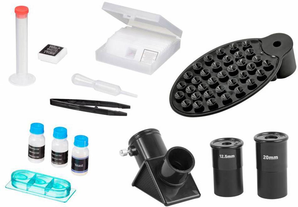 Wyposażenie laboratoryjne do mikroskopii: pipety, szalki Petriego, szkiełka mikroskopowe, zaciski, soczewki, fiolki na próbki i akcesoria.