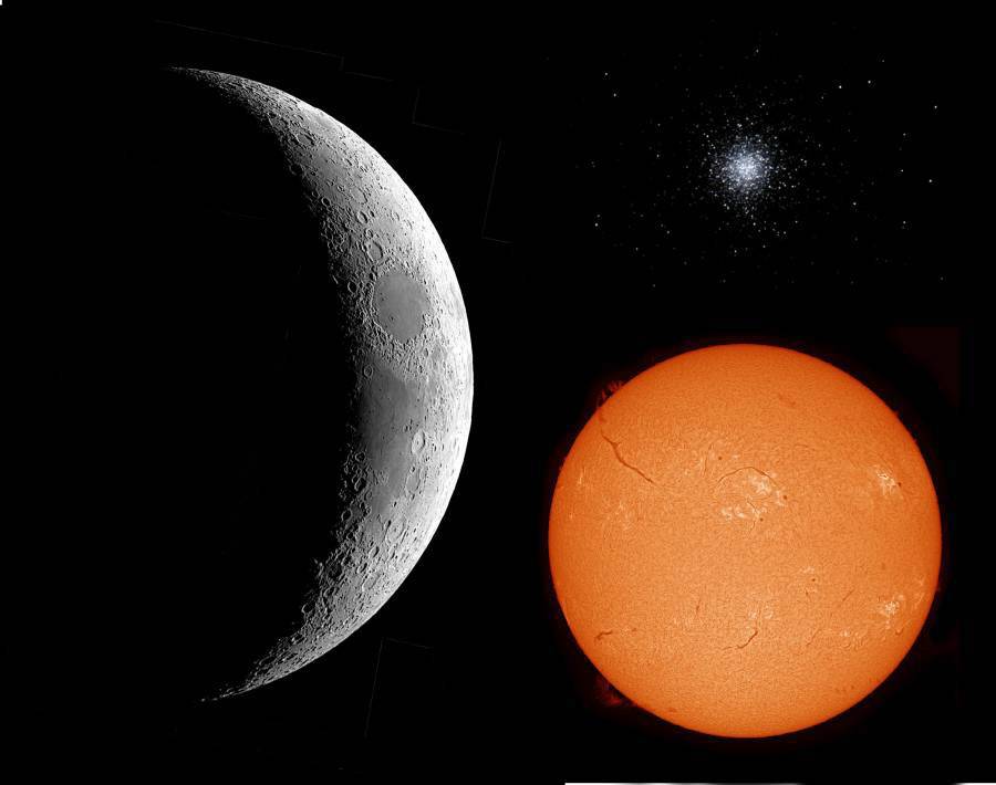 Księżyc, Słońce i gromada gwiazd: Księżyc jest w pierwszej kwadrze, Słońce świeci jasno na pomarańczowo, z gromadą gwiazd na górze.