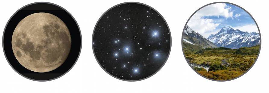 Księżyc w pełni, gromada gwiazd na nocnym niebie oraz krajobraz górski w dzień z chmurami i roślinnością.