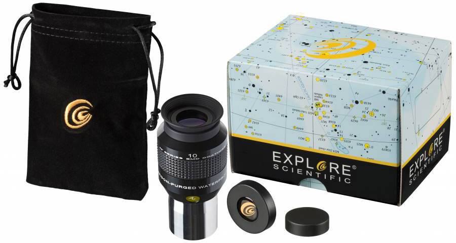 Okularset: Zawiera okular, nasadkę ochronną, pudełko z projektowanym wzorem mapy nieba oraz czarną torbę do przechowywania; marka Explore Scientific.