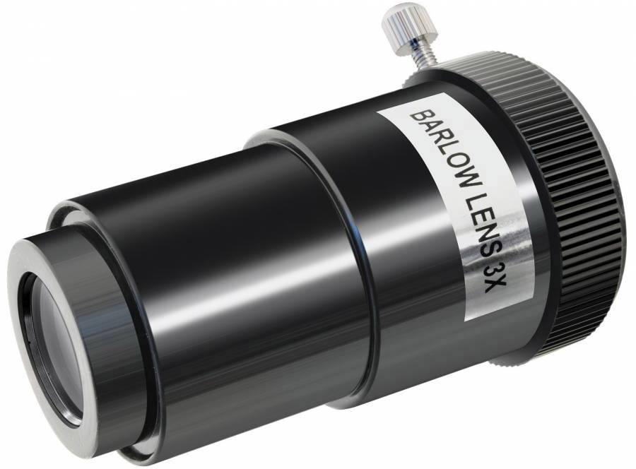 Barlow-Linse 3x w czarnej metalowej obudowie z regulacyjną śrubą, służąca do powiększenia w teleskopach.