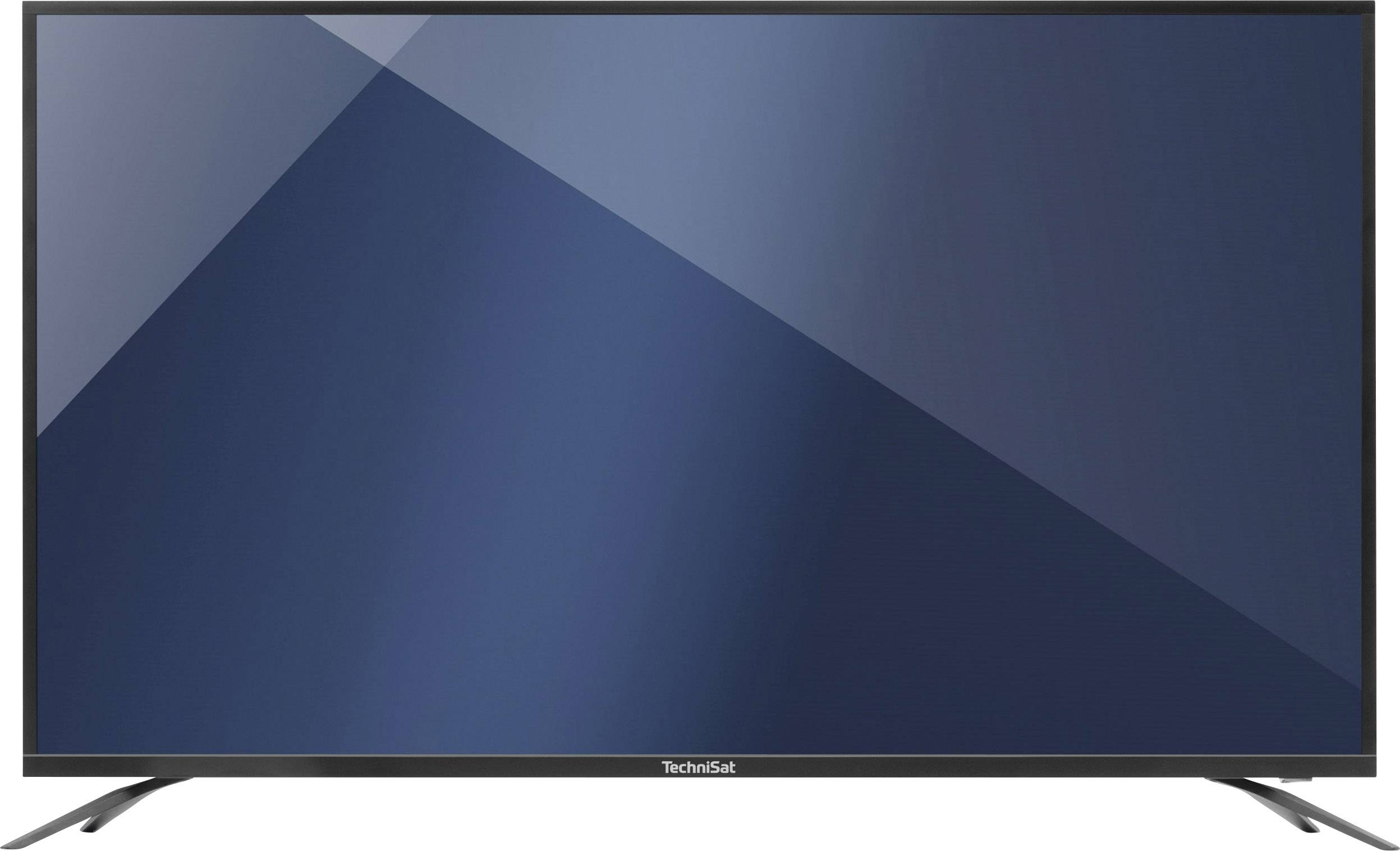 Czarny telewizor LCD z logotypem marki 'TechniSat' na dolnej listwie ramki. Ekran jest wyłączony.