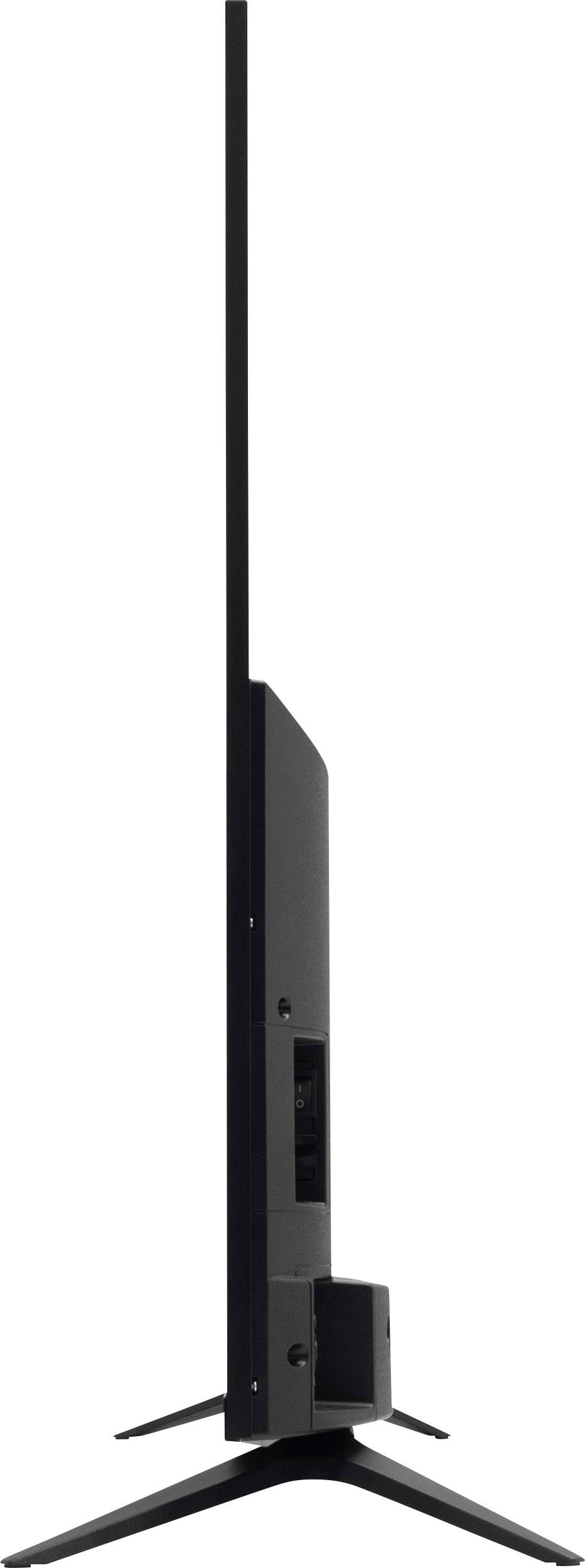 Widok z boku nowoczesnego, ultracienkiego telewizora na stojaku, ukazujący smukły profil i minimalistyczny design.