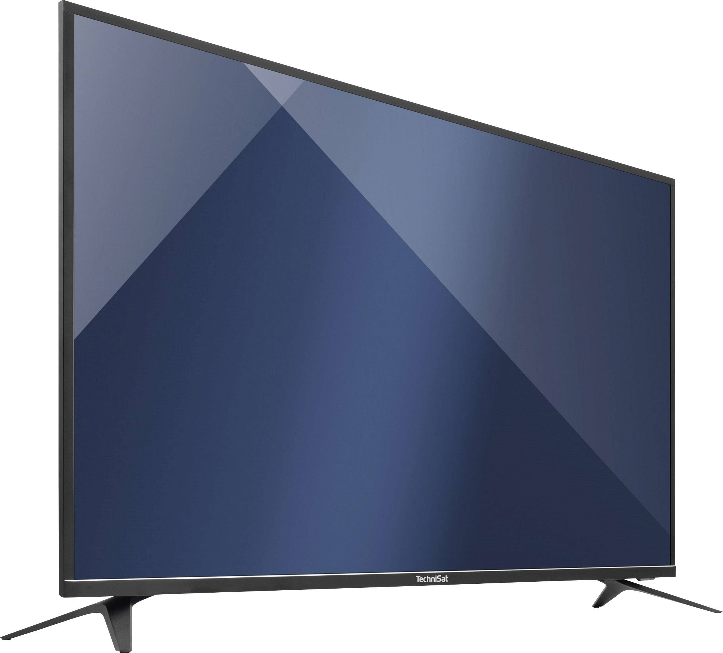 Płaski telewizor TechniSat z czarną ramką i lekko pochylonym ekranem, stojący na dwóch podstawkach.