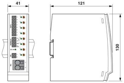 Rysunek techniczny modułu elektrycznego z wymiarami: szerokość 41 mm, głębokość 121 mm, wysokość 130 mm. Przedstawia złącza i diody LED statusu.