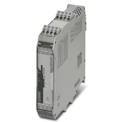 Szare, wąskie urządzenie elektroniczne z wieloma zaciskami przyłączeniowymi na górze, przyciskami z boku i napisami.