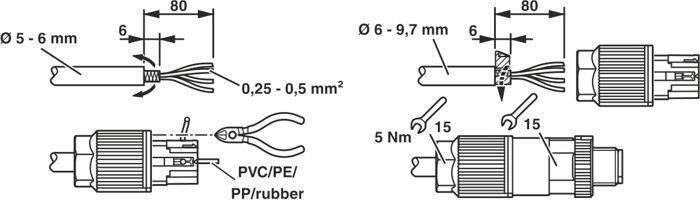 Diagram przedstawia instalację kabla we wtyczce ze szczegółowymi wymiarami. Narzędzia i konkretne kroki zostały zobrazowane.