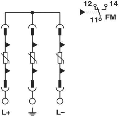 Schemat elektryczny z trzema równoległymi obwodami, każdy z diodą i rezystorem. W prawym górnym rogu urządzenie przełączające z oznaczeniami '11, 12, 14, FM'.