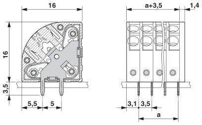 Rysunek techniczny złącza z wymiarami w milimetrach: długość 16, szerokość 5,5, wysokość 3,5. Przedstawia widok z przodu i z boku.