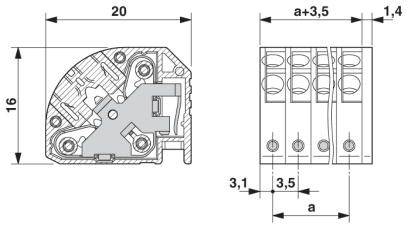 Rysunek techniczny złącza elektrycznego z wymiarami: szerokość 20 mm, wysokość 16 mm. Kilka punktów przyłączeniowych w odległości 3,5 mm od siebie.
