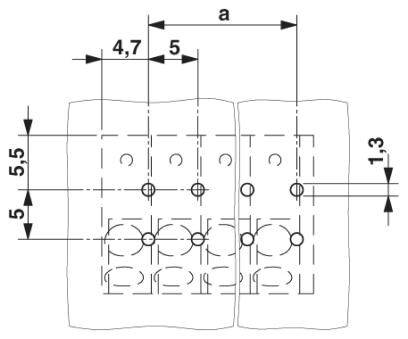 Rysunek techniczny prostokątnego elementu z podanymi wymiarami: wysokość 5, szerokość 4,7 i 5,5, odległość 1,3.