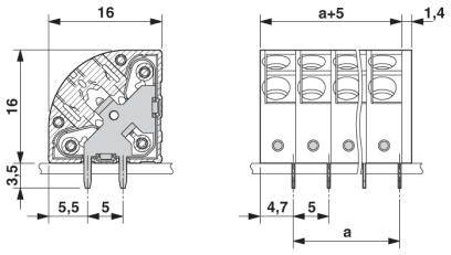 Rysunek techniczny elektronicznego złącza z szczegółowymi wymiarami i rozstawami dla precyzyjnych instrukcji montażowych.