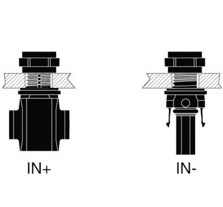 Diagram przedstawia dwa zawory. Po lewej stronie: 'IN+' z zamkniętym zaworem. Po prawej stronie: 'IN-' z otwartym zaworem i strzałkami kierunkowymi skierowanymi w dół.