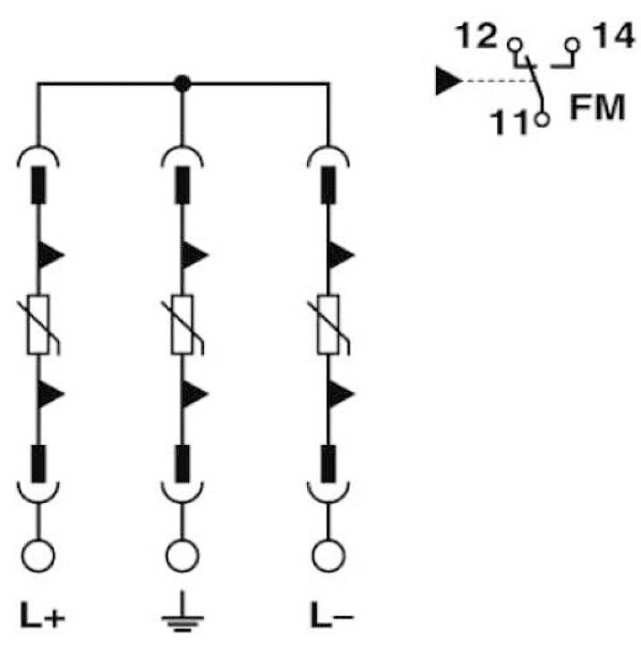 Elektryczny schemat połączeń z trzema diodami połączonymi równolegle, symbolem uziemienia oraz stykiem FM z numerami zacisków 11, 12, 14.