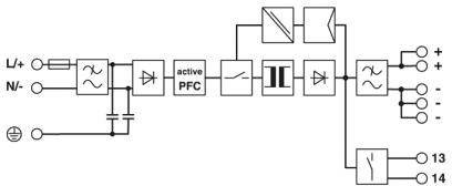 Schemat elektryczny aktywnego obwodu korekcji współczynnika mocy (PFC) z transformatorem i prostownikiem, przedstawiający połączenia i sekwencję elementów.