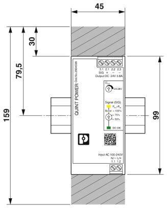 Rysunek modułu zasilania z parametrami technicznymi i wymiarami; wysokość 159 mm, szerokość 45 mm.