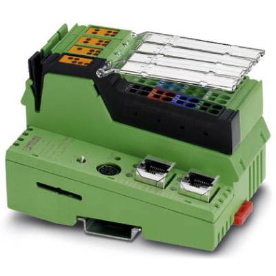 Zielony moduł elektroniczny z wieloma złączami i kolorowymi gniazdami, prawdopodobnie będący częścią przemysłowego systemu sterowania.