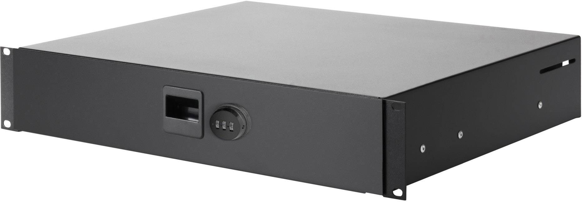 Czarny, prostokątny moduł rack 19 cali z otworami wentylacyjnymi i zamkiem, przeznaczony do instalacji w szafach serwerowych.