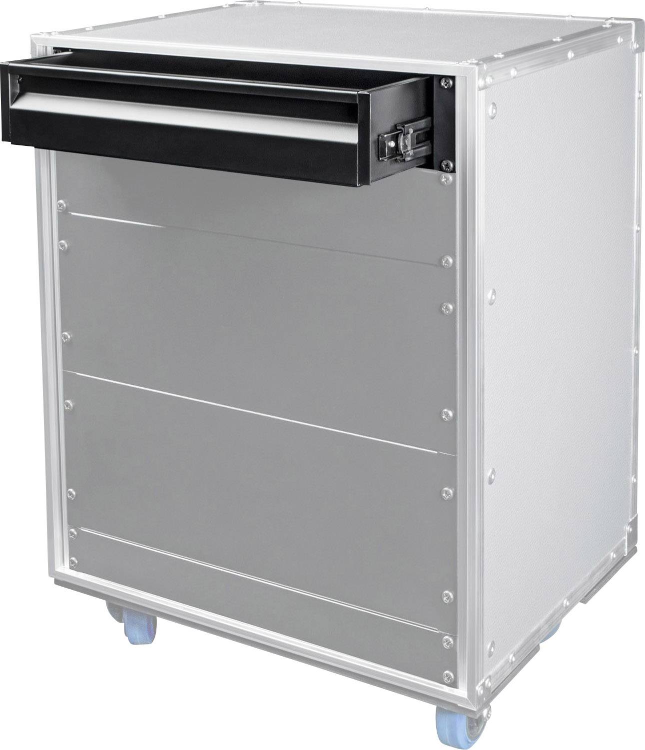 Metalowy kontener na kółkach z czterema kołami, czarną szufladą na górze i srebrnym korpusem.