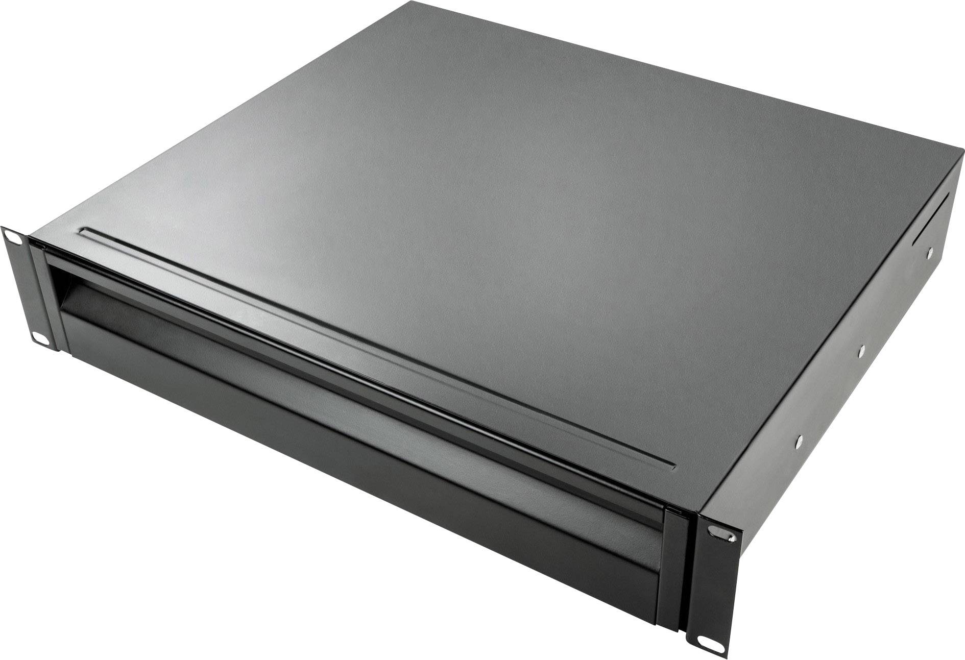 Czarna obudowa rack, płaska, z otworami wentylacyjnymi po bokach, odpowiednia do instalacji serwerowych lub sieciowych.