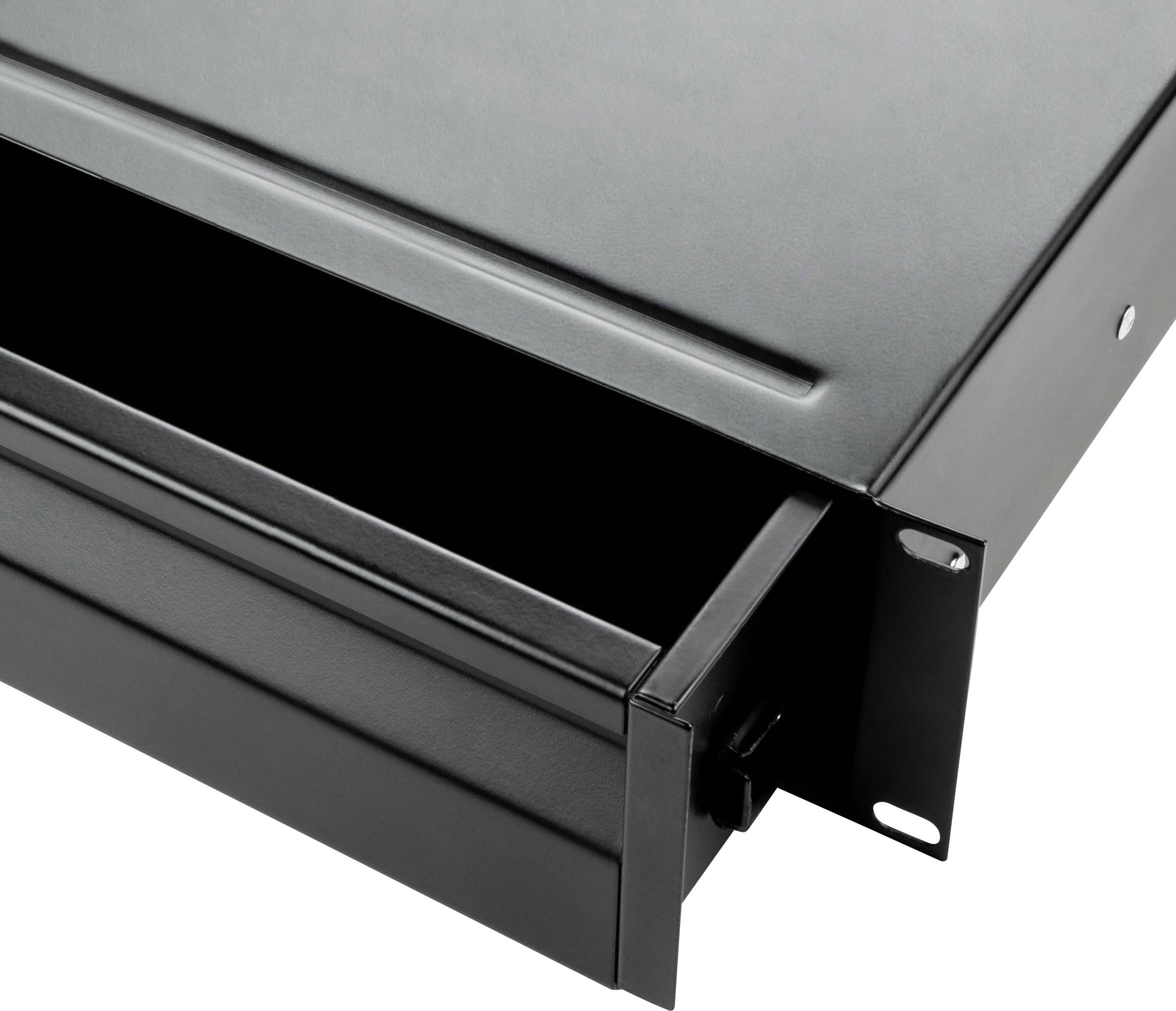 Czarny metalowy wyciągany stelaż, częściowo rozłożony, zamontowany w czarnej obudowie, na neutralnym tle.