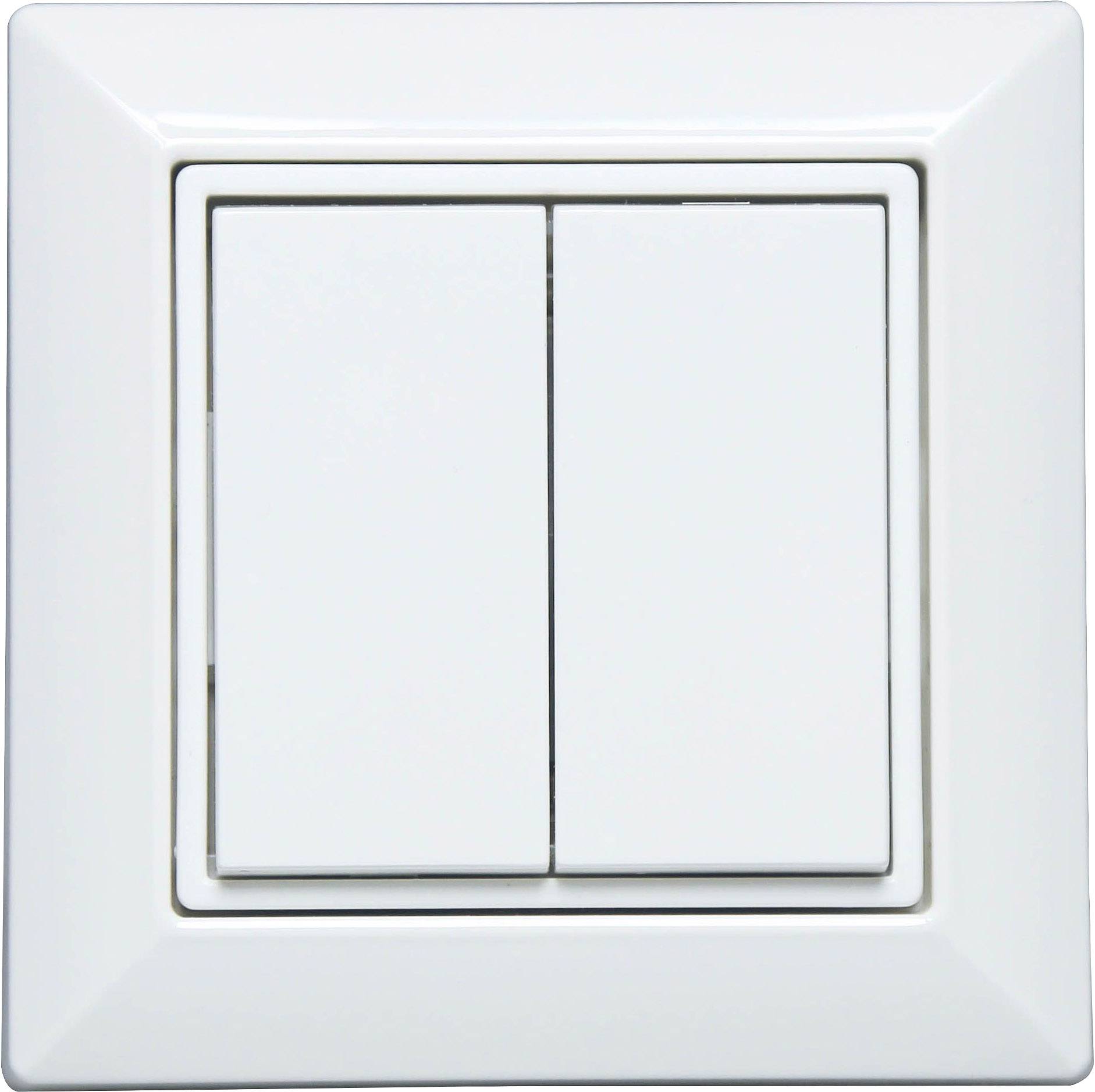 Biały, prostokątny włącznik światła z dwoma przyciskami.