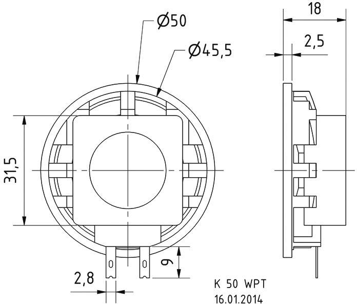 Rysunek techniczny elementu okrągłego z wymiarami: średnica 50 mm, wysokość 18 mm. Szczegóły dotyczące struktury i wymiarów komponentów.