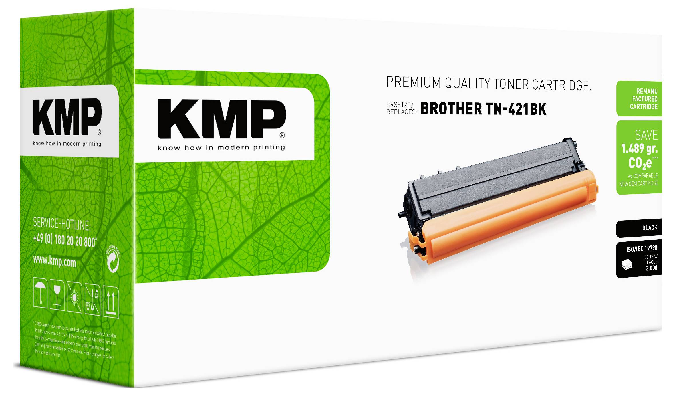 Pudełko kartridża tonera premium KMP do Brother TN-421BK, przedstawione z kartridżem pomarańczowo-czarnym i zieloną opakowaniem.