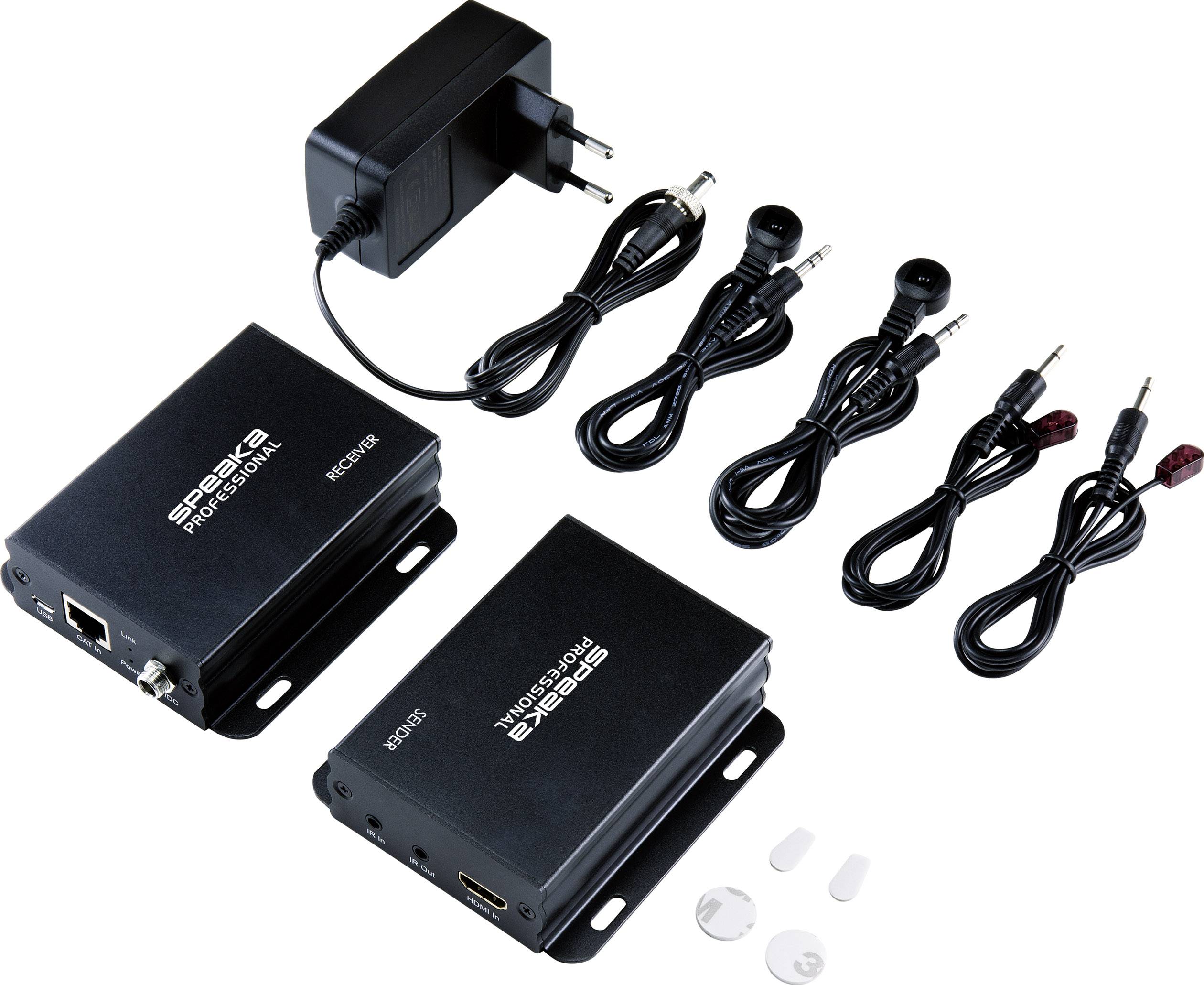 Dwa czarne przedłużacze HDMI z odpowiednim zasilaczem i kablami. Przedłużacze posiadają złącza HDMI, podczerwieni oraz zasilania.