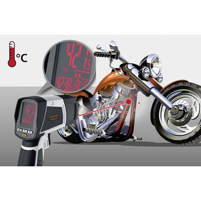 Termometr na podczerwień mierzy temperaturę powierzchni motocykla. Wskazanie pokazuje 42°C. Symbol termometru z ℃ na marginesie.