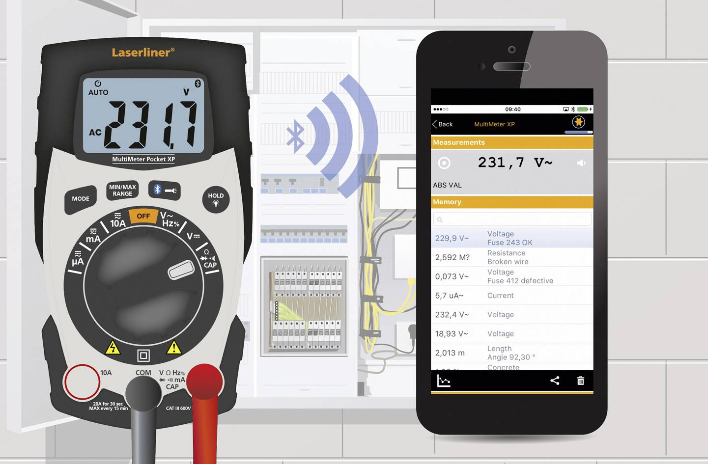 Cyfrowy multimetr wskazuje 231,7 V obok ekranu smartfona z pomiarami. Na tle skrzynki bezpiecznikowej.