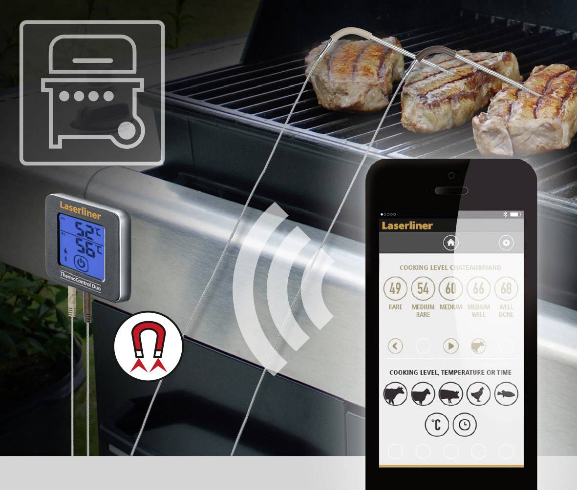 Grill z cyfrowym termometrem wskazuje 56°C. Na ruszcie smażą się trzy kawałki mięsa. Aplikacja na smartfonie wyświetla różne stopnie wysmażenia.